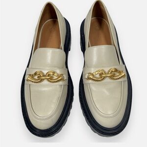 Tory Burch Jessa Leather Lug Sole Gold Chain Link Loafers Cream Academia Size 8